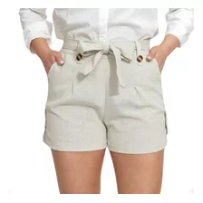 Shorts Linho Social Laço Cintura Alta Bermuda Alfaiataria