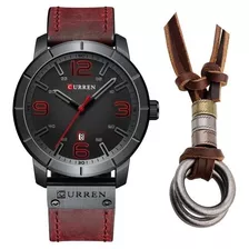 Relógio Masculino Curren Esportivo Aço Inox + Colar Couro Cor Da Correia Vermelho Cor Do Bisel Preto Cor Do Fundo Preto