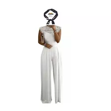 Macacão Feminino Casual Elegante De Renda Simples Branco