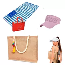 Bolsa Palha + Esteira + Viseira Kit Feminino Praia Piscina