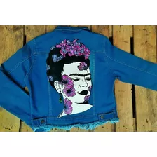 Campera Jean Elastizada Azul Frida Kahlo Estampada Pintada