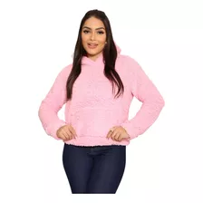 Casaco Teddy Fechado Bolso E Capuz Pelinhos Feminino Inverno