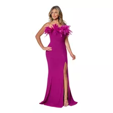 Vestido Largo Elegante Magenta De Brillos Y Plumas