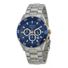 Relógio Masculino Bulova 98h37 Marine Star Chronograph, Cor De Malha, Cinza, Moldura, Azul/prata