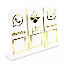 Display Placa 3 Em 1 Whatsapp Pix Instagram Qr Code Branco Branco E Dourado