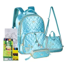 Kit Mochila Escolar Princesa Sereia Estojo Lancheira Glitter