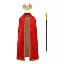 Disfraz De Capa King For Niños Bata De Terciopelo Corona Y Cetro Juego De 3 Piezas Fiesta Cumpleaños Navidad Halloween