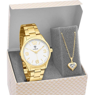 Kit Relógio Feminino Dourado Com Semi Joia Banhada A Ouro 18
