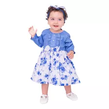 Vestido Bebê Floral Azul Jeans 2 A 18 Meses Manga Longa
