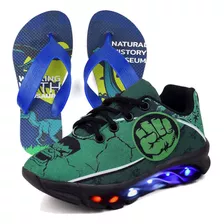 Kit Tênis Masculino Infantil De Led Hulk + Chinelo Barato