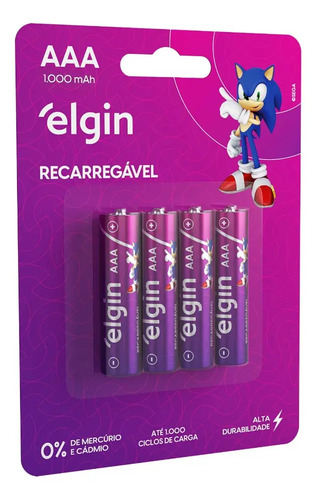 04 Pilhas Aaa 1000mah Recarregável Elgin 01 Cart. C/ 4 Unid
