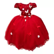 Vestido Infantil Vermelho C/ Renda Aplique Flores Borboletas