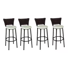 4 Banquetas Médias Balcão Bar 60cm Com Encosto Junco Argila Acabamento Da Estrutura Lacado Cor Branco