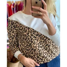 Blusa Feminina Moletom Detalhe Onça Animal Print