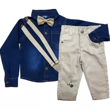 Conjunto Camisa Jeans Social Infantil Menino Criança Luxo
