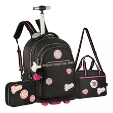 Kit Mochila Preta Carrinho Escolar Feminina Espaçosa Pompom