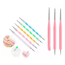 Set X8u Nailart Pinceles Decoracion Rosa + Punzones Uñas 