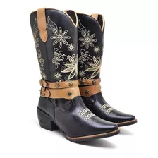 Bota Country Feminina Couro Bordada Conforto Estilo Moda