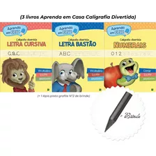 Kit 3 Livros Aprenda Em Casa Caligrafia Divertida Cursiva/ Bastão / Números + Lápis Grafite