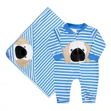 Kit Saída Maternidade Bebê Macacão S/pé Azul Cachorro (rn/p)