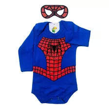 Body Bebê Temático Manga Longa Homem Aranha Azul + Máscara