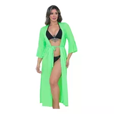 Saida Praia Longa Fenda Feminino Canga Kimono Manga 3/4 Moda