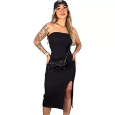 Vestido Midi Casual Básico Modelador Sem Manga Fenda Lateral