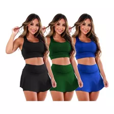 Kit 3 Conjunto Fitness Short Saia E Top Roupas De Academia