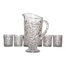 Set De Jarra + 6 Vasos Vidrio Labrado 