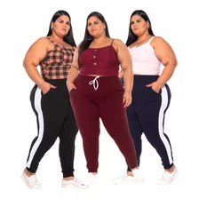 Kit 3 Calça Jogger Feminina Plus Size Crepe Confortaveis Top