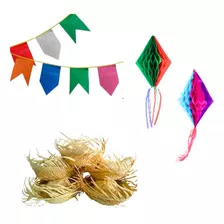 Kit Festa Junina Decoração Bandeirinha Chapeu E Balões Cor Palha