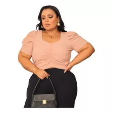 Croped Plus Size Manga Curta Princesa Canelado Decote Grande