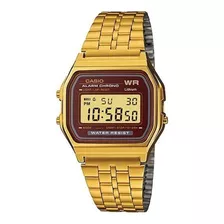 Reloj De Pulsera Casio Vintage A159 De Cuerpo Color Dorado, Digital, Fondo Bordó, Con Correa De Acero Inoxidable Color Dorado, Dial Negro, Minutero/segundero Negro, Bisel Color Dorado Y Hebilla De Gan