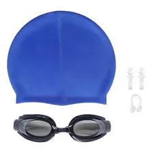 Kit Touca Óculos Protetor Nariz Ouvido Natação Piscina Mar Cor Azul Desenho Do Tecido Silicone Tamanho Universal