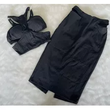 Conjunto Cropped Saia Midi Preto Canelado Perfect Way Tam 38