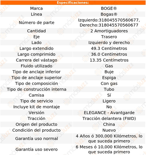 2- Amortiguadores Gas Traseros A190 L4 1.9l 2005 Boge Bogas Foto 2