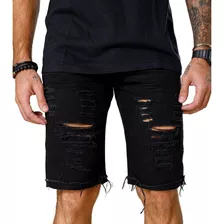 Bermuda Jeans Masculina Preta Rasgada Sem Lycra Destroyed Nf