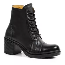 Bota Feminina Couro Cano Curto Coturno Preto Salto Bloco 