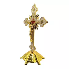 Cruz De Metal Crucifixo Mesa Parede Metal Dourada Linda 17cm