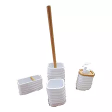 Set 4 Accesorios Baño Diseño Nórdico Bambu Blanco Combinado