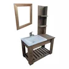 Mueble Para Baño Df Hogar Colgante Con Estantes + Bacha + Espejo De 60cm De Ancho, 100cm De Alto Y 33cm De Profundidad, Con Bacha Color Blanco Y Mueble Nogal Oscuro Con Un Agujero Para Grifería