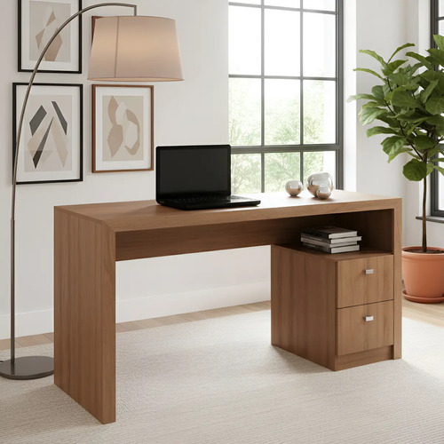Mesa Para Escritório 2 Gavetas Tecno Mobili Amendoa Bc