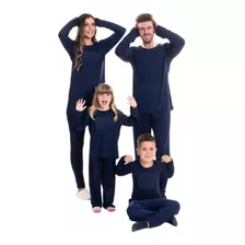 Pijama Kit Longo Familia Azul Liso ( 3 Peças)