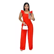 Macacão Feminino Longo Pantalona Crepinho Duna Manga Babado