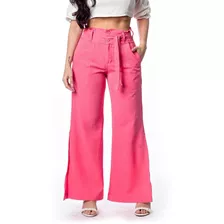 Calça Pantalona Feminina Linho Lastex Alfaiataria Wide Leg