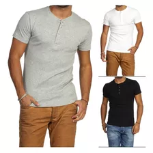 Kit Com 3 Camiseta Henley Slim Manga Curta - Frete Grátis