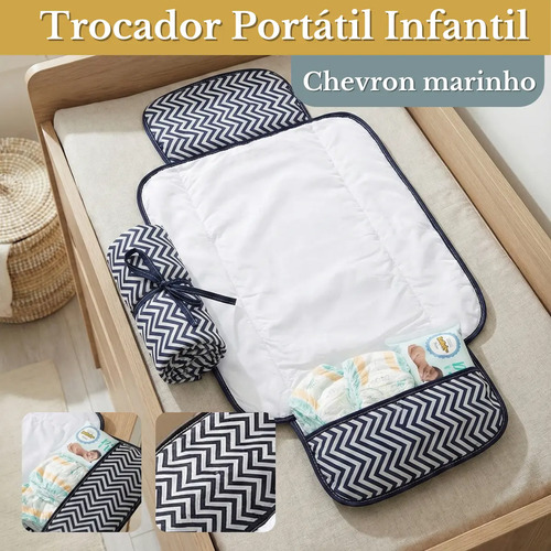 Trocador De Fralda Impermeável Dobrável Lindas Estampas Chevron Azul Marinho
