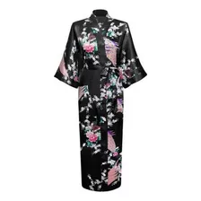 Kimono De Cetim Longo Preto Estampa De Pavão