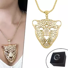 Colar Feminino Semijoia Banhado Ouro Onça Cravejada Strass 