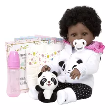 Bebe Reborn Recém Nascida Negra Roupa Panda 46cm Completa
